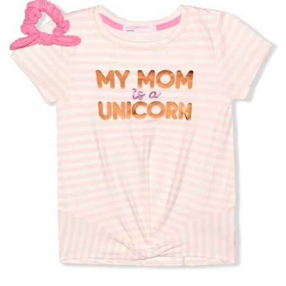 PINK Stripe "My Mom Is a Unicorn" Twist Front Tee & Scrunchie 12 - Picture 1 of 1